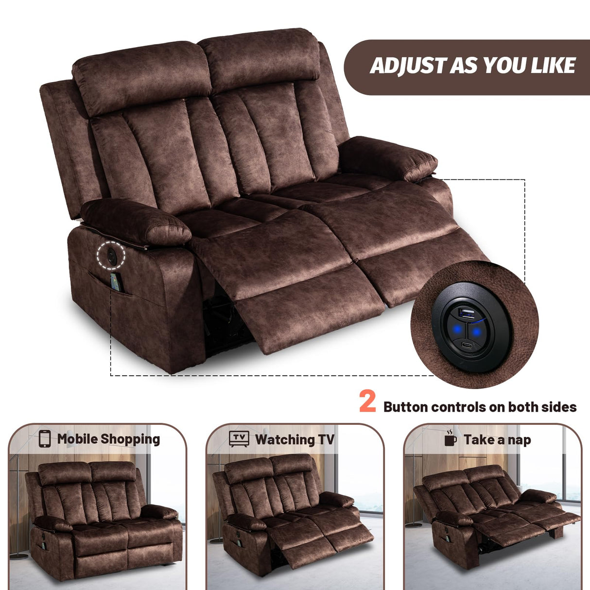 PALLOME Electric Power Loveseat Recliner, Dual Recliner Sofa Couch with Heat & Massage, Overstuffed Armrests, USB Ports, and Ergonomic Backrest for Living Room Comfort (Brown) PALLOME