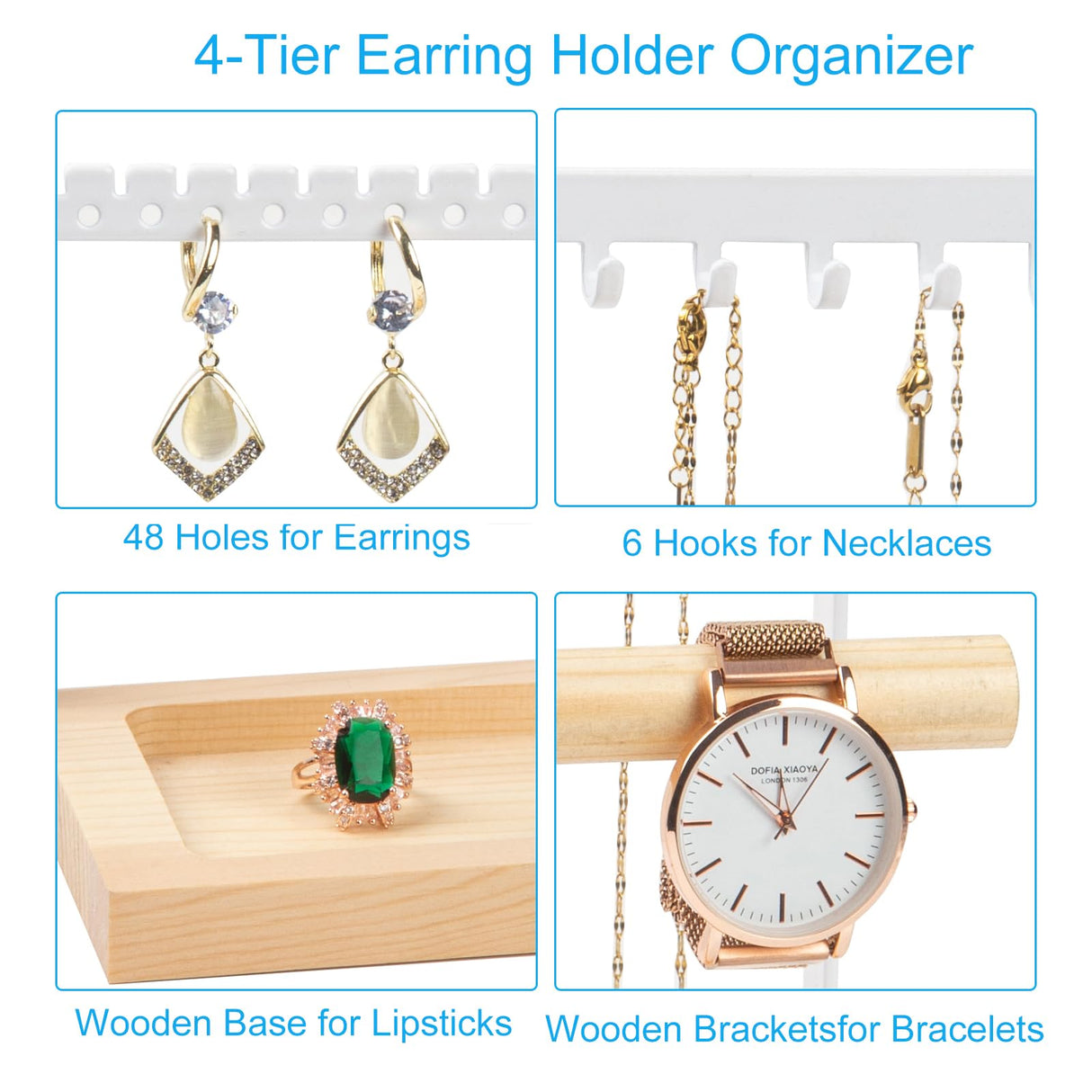 Jewelry Organizer Stand, Jewelry Holder, Lengnoy 4 Tier Earring Holder with 48 Holes and 6 Hooks Necklace Organizer Wood Box for Necklace Bracelet Earring Ring, White lengnoyp
