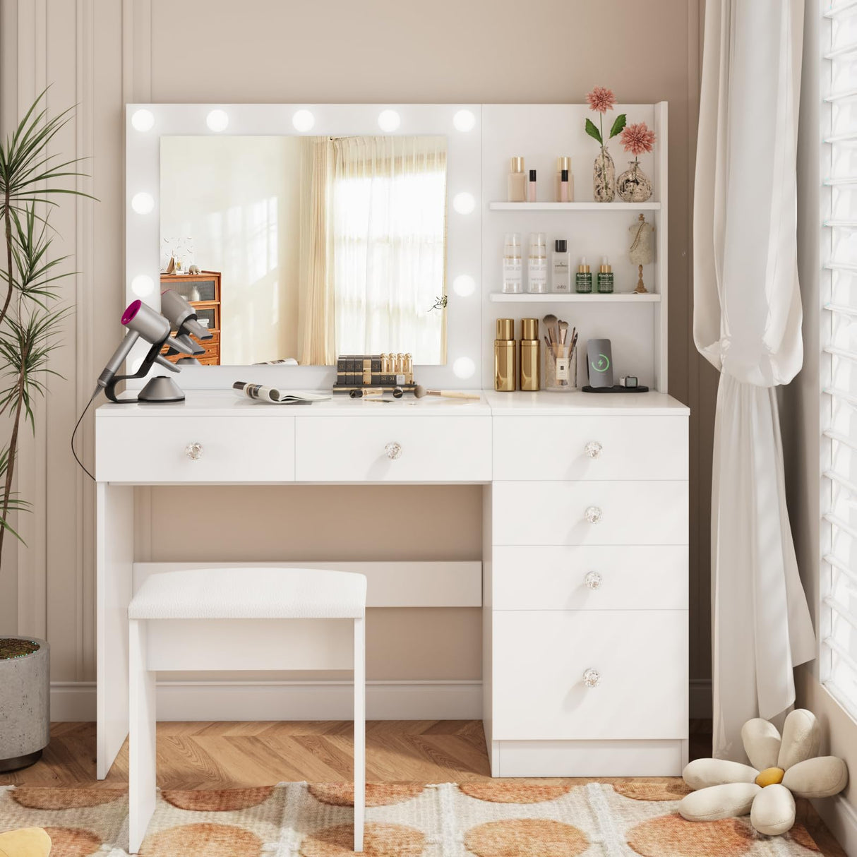 VOWNER Vanity with Lights - 47" Makeup Vanity Desk with Glass Top, 6 Drawers, 3 Storage Shelves and Outlet, 3 Color Lighting Modes with Adjustable Brightness, Makeup Desk with Stool for Bedroom, White VOWNER