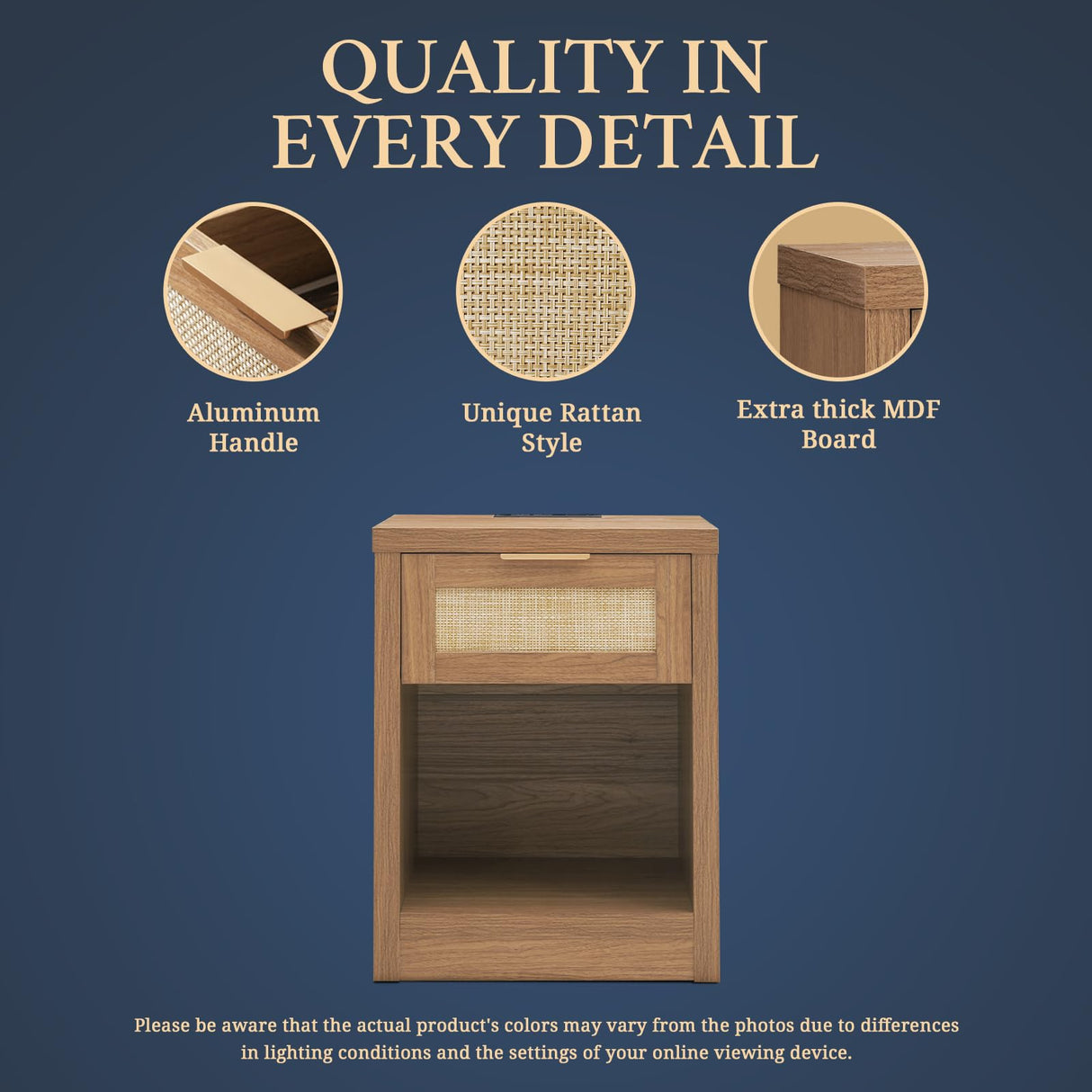 OAKHAM HOME Nightstand Set of 2, Rattan Night Stand with Type-C Charging Station, Bedside Table with Drawer, Boho Bed Side Table End Table Accent Table for Bedroom Living Room (Weathered Oak) OAKHAM HOME