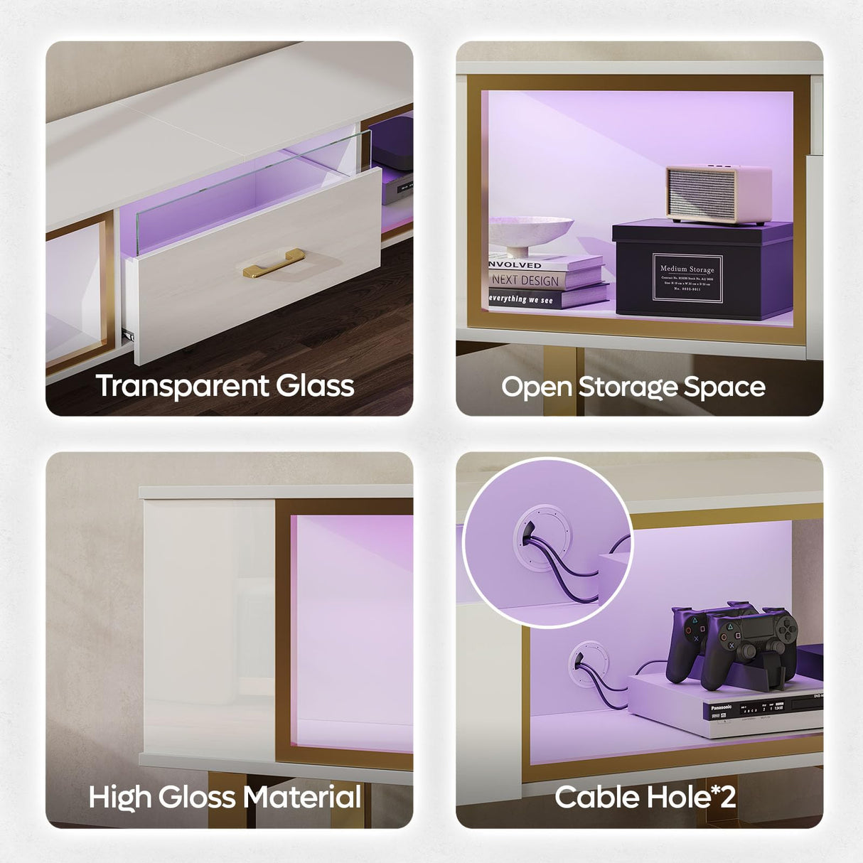 Bestier TV Stand with LED Light for TVs up to 80 inch, Modern Entertainment Center with Open Storage and Half-Glass Design Drawer, High Gloss Media Console Table for Living Room Bedrom, White and Gold Bestier