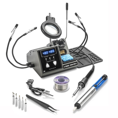 X-Tronic 3090-PRO-X – 75 W Soldering Iron Station – 5 Extra Tips, 2 LED Displays, Sleep Func, C/F, 3 Temp Presets, Mini Mag Lamp, 4 Helping Hands, Solder Sucker, Tweezers, Solder, Brass & Wet Sponges