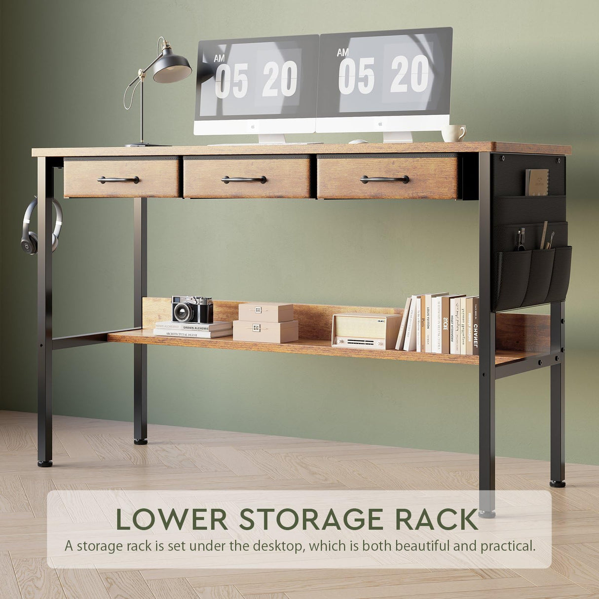 Maihail Small Desk with Drawers for Bedroom, Small Vanity Desk Without Mirror, 47.2inch, Writing Desk with Bookshelf, Computer Desk with Storage Drawers, Vanity Table no Mirror Rustic Brown Maihail