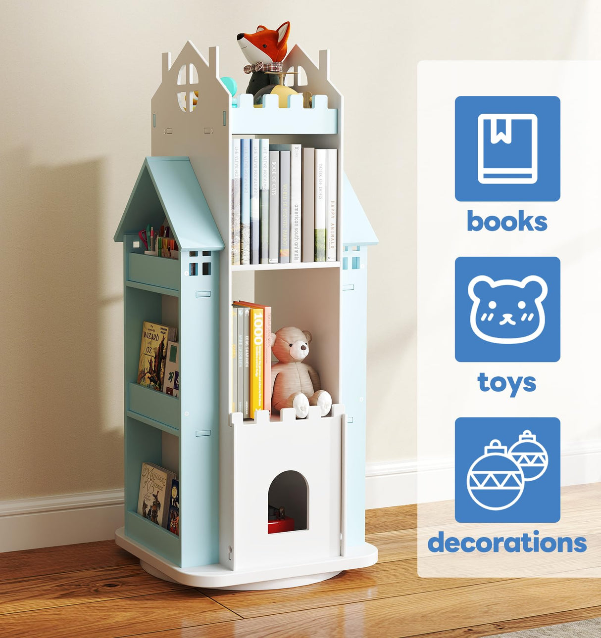 Suuiwau 360° Rotating Bookshelf Kids,Blue Revolving Bookcase 3-Tier Spinning Dollhouse Bookshelf Floor Standing Book Storage Organizer for Children's Room Suuiwau