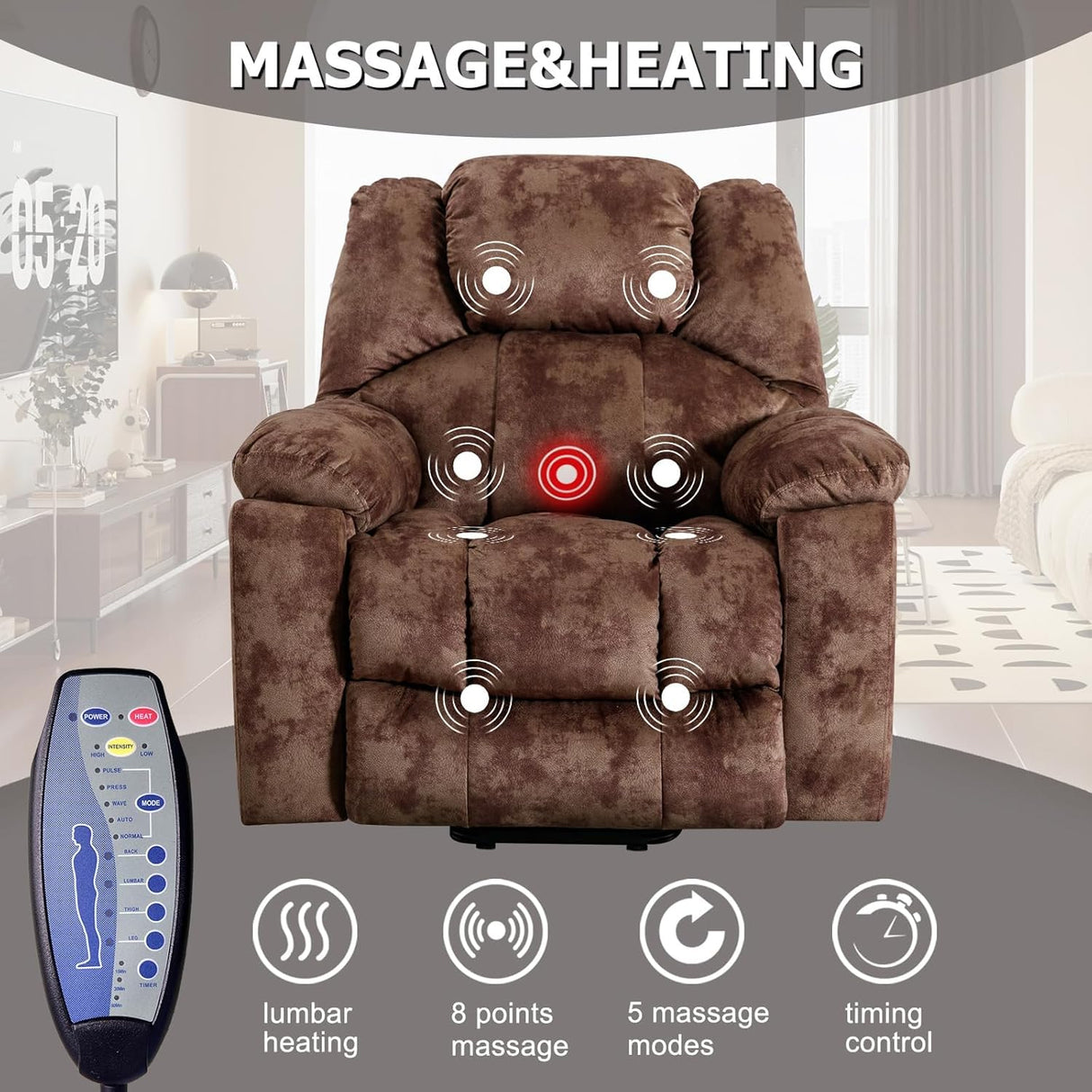 IOMOR Large Power Lift Recliner with Massage and Heat for Elderly, Electric Reclining Chair with USB Port, 2 Hidden Cup Holders, Side Pockets (1, Brown) IOMOR