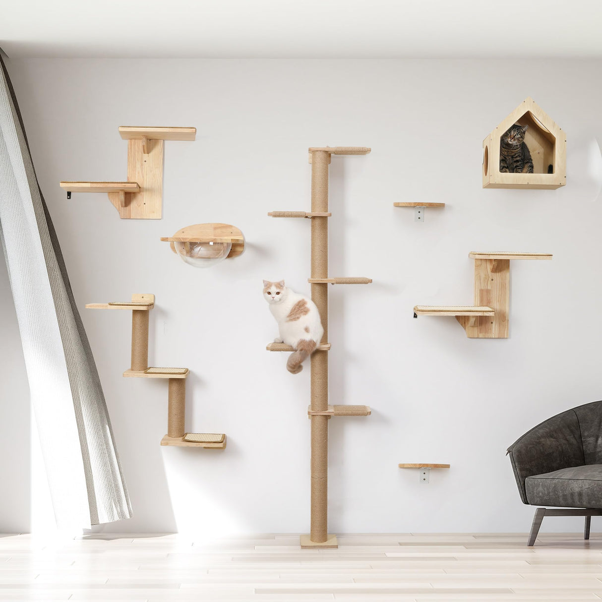 FUKUMARU Tall Cat Tree, 5 Tier Floor to Ceiling Cats Tower, Wall-Mounted Kitten Scratching Post, Wild Simulation Kittens Wall Shelves, Suitable for Climb, Scratch, Lookout and Play FUKUMARU