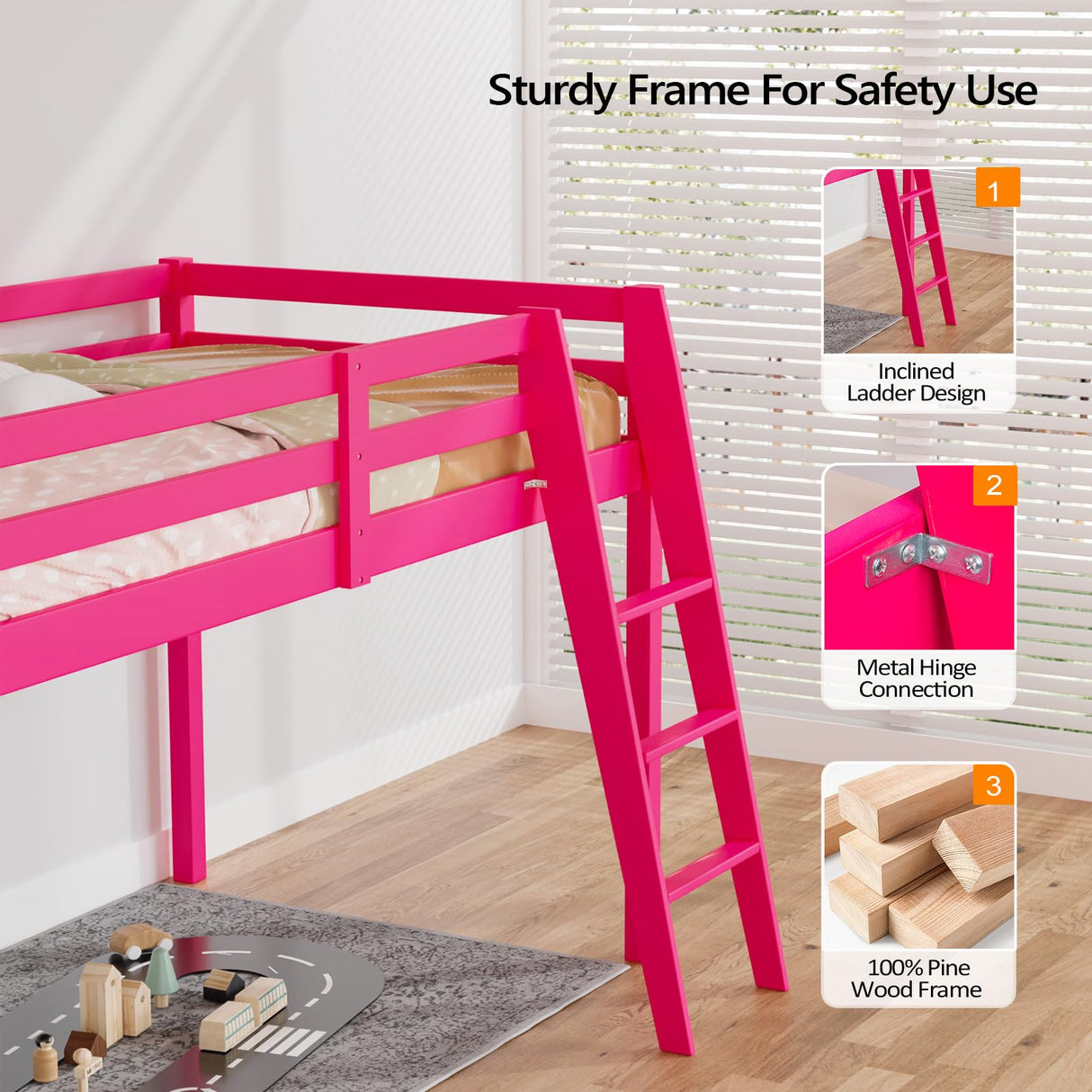 Bonnlo Low Loft Bed Twin Size with Inclined Stairs, Junior Loft Bed with High Guard Rail for Kids/Young Teens/Adults, Solid Wood Low Bunk Bed Twin Size Pink, No Box Spring Required Bonnlo