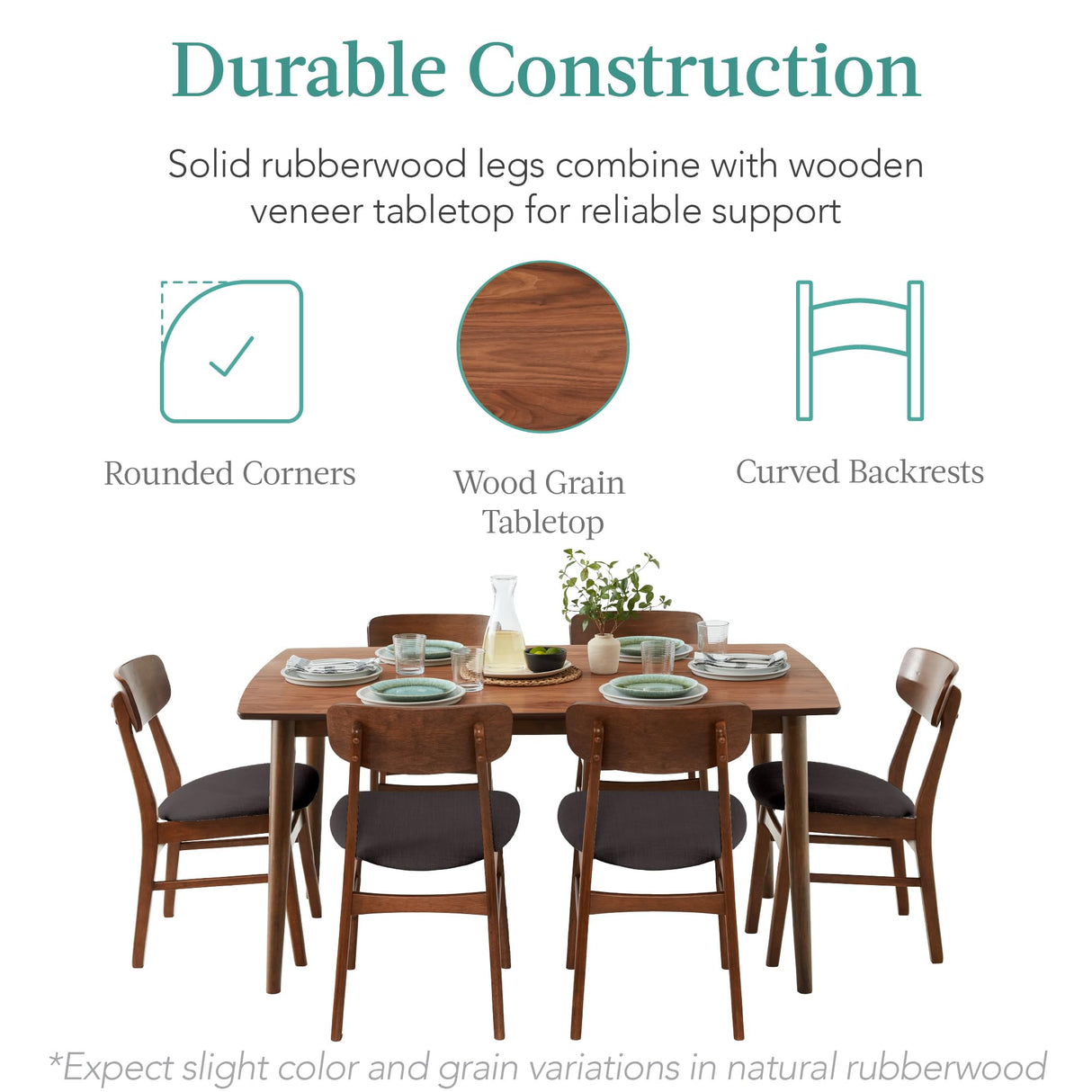 Best Choice Products 7-Piece Wooden Dining Room Table Set, Mid-Century Modern, Kitchen Table w/ 6 Chairs, Upholstered Cushions, Curved Backrests, Rounded Table Corners - Walnut/Charcoal Best Choice Products