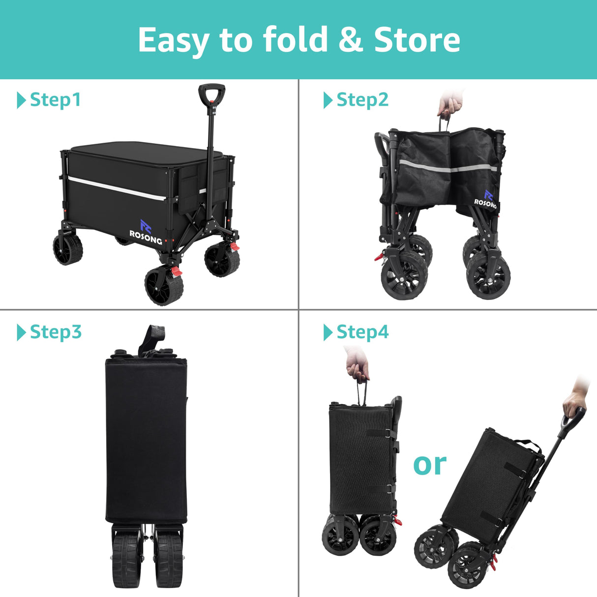 Collapsible Wagon Cart with Wheels Foldable - Folding Utility Heavy Duty Wagons Carts with Cover for Grocery Sports Garden Shopping Camping ROSONG