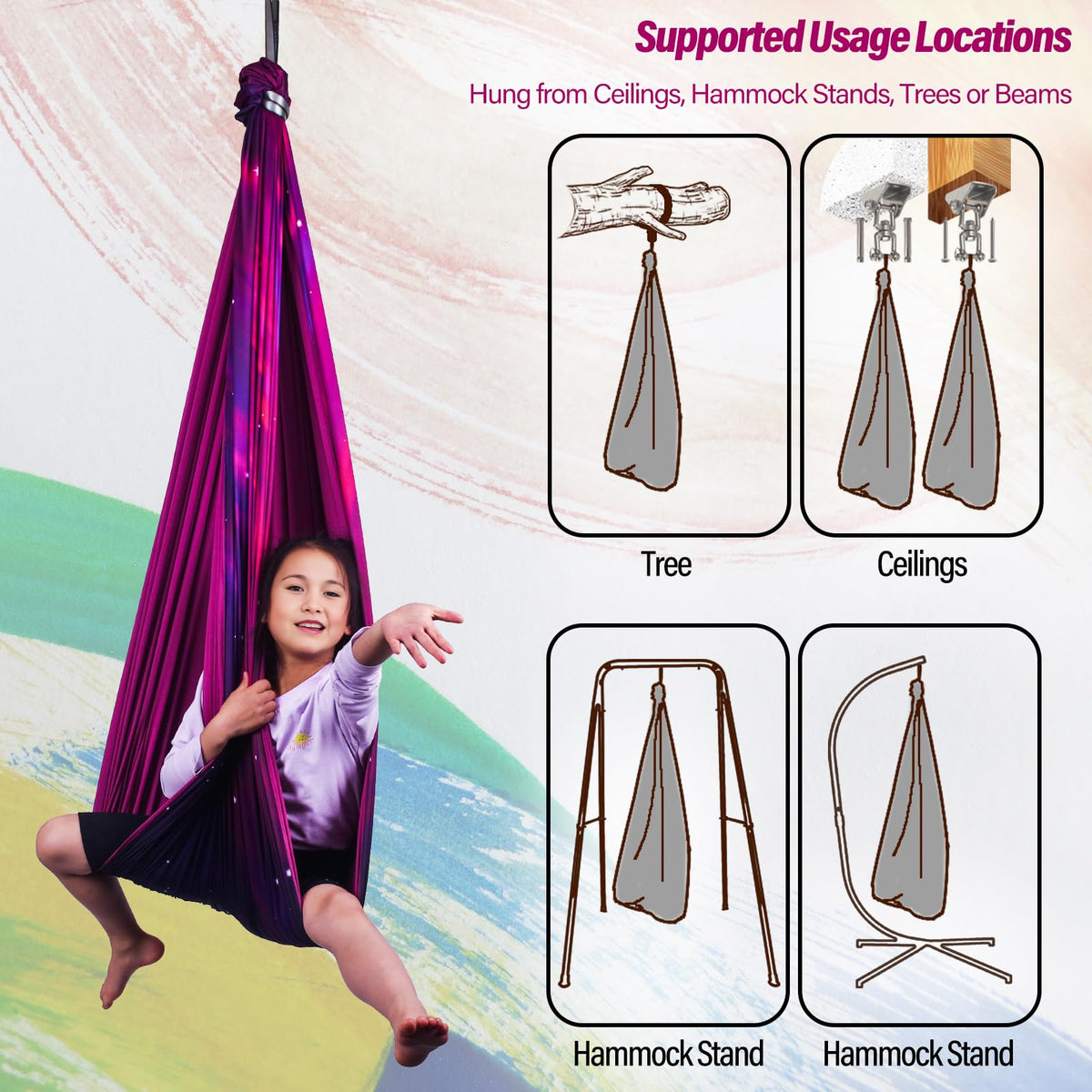 Sensory Swing for Kids & Adults Holds up to 300lbs Indoor & Outdoor Double Layer Therapy Cuddle Swing with 360° Swivel Hanger Kit for Calming, Effect for Autism, ADHD or SPD. (Galaxy Purple) Yatoco