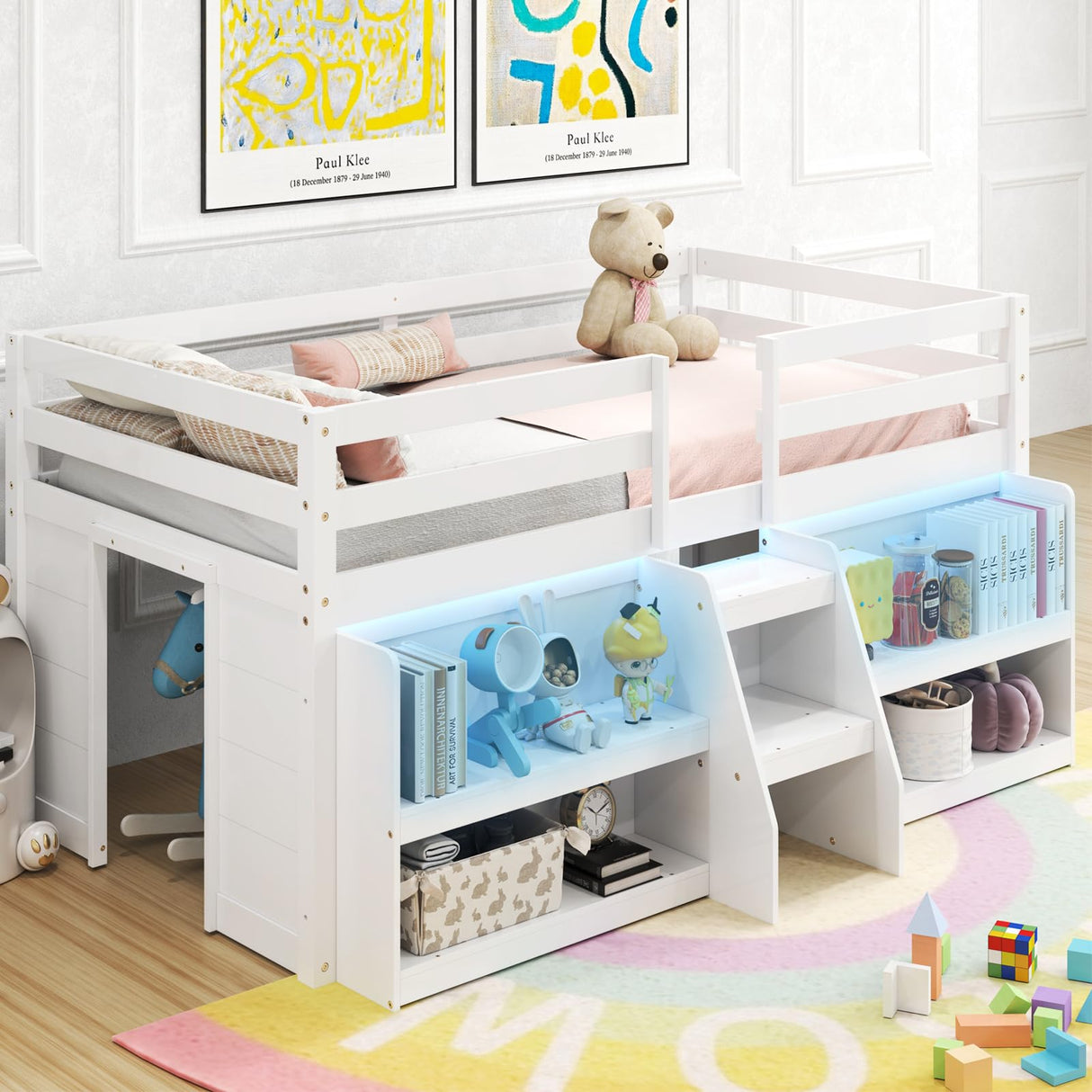 KOMFOTT Low Loft Bed with LED Light & 2 Bookcases, Wood Kids Twin Bed with Under-Bed Play Space, Stairs & Guardrails, No Box Spring Needed, Modern Low Loft Bed Frame, White KOMFOTT