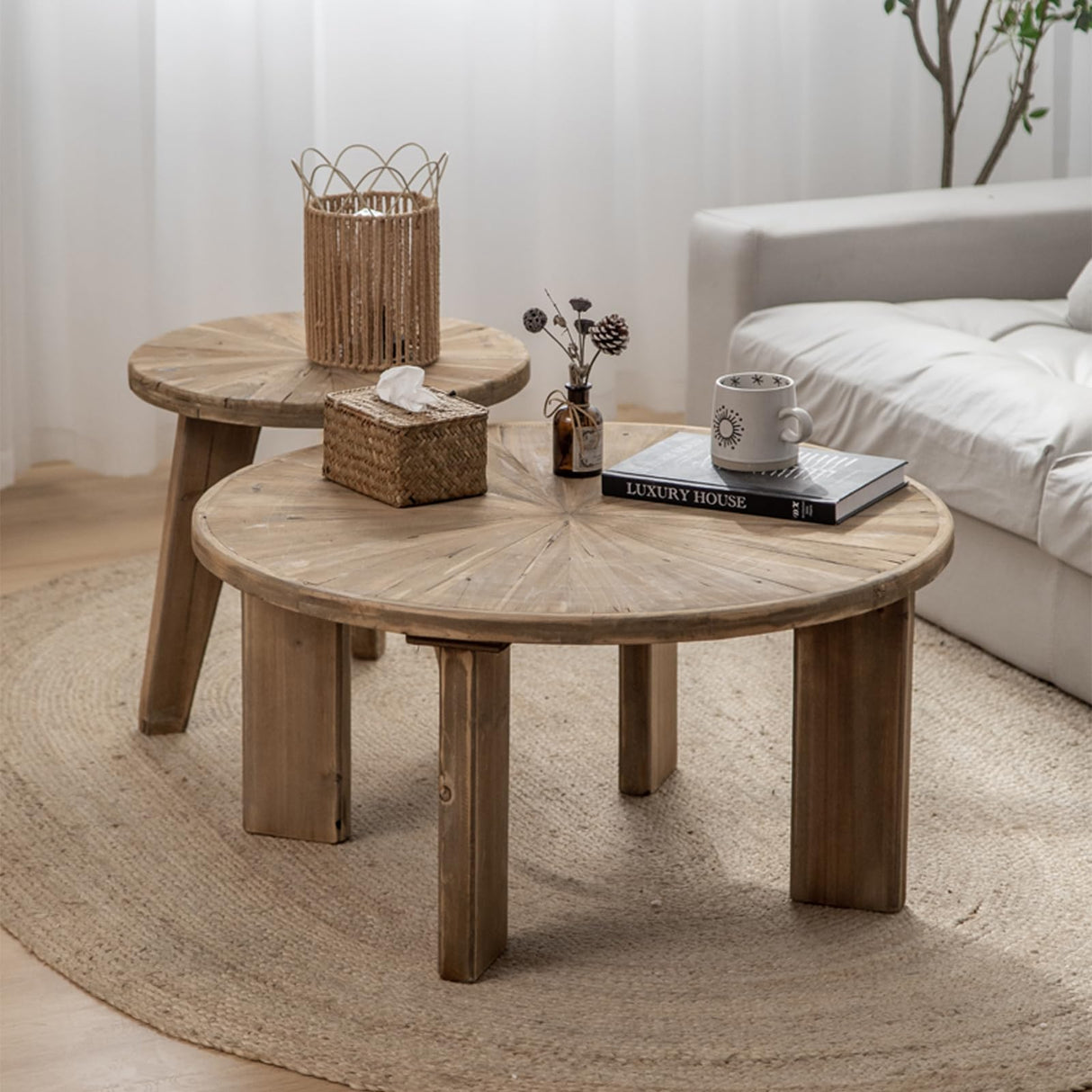 HuiDao Farmhouse Living Room Coffee Table Set of 2, Modern Circle Nesting Table Round Natural Finish with Handcrafted Old Solid Wood, Wooden Unique Coffee Table HuiDao