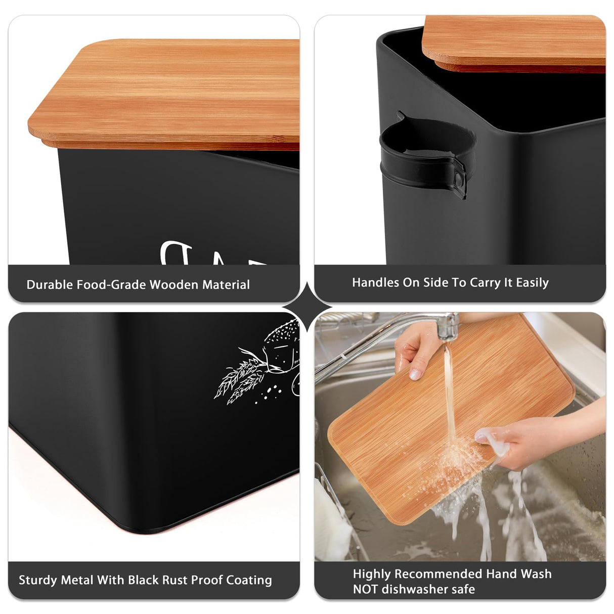 TeamFar Bread Box with Wooden Lid, 13.1” x 7.2” x 9.7” Metal Bread Container Storage Holder for Family Farmhouse Kitchen Countertop, Powder-Coated & Healthy, Large Capacity & Classic Pattern (Black) TeamFar