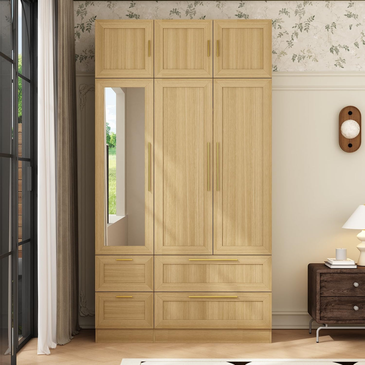 TAMUNE Wardrobe Closet with Mirror, 3 Door Wardrobe with Hanging Rod, 4 Drawers, Shelves, Modern Bedroom Armoire with Gold Handle, Oak Clothes Cabinet, 20.5”D x 47”W x 86.7”H TAMUNE
