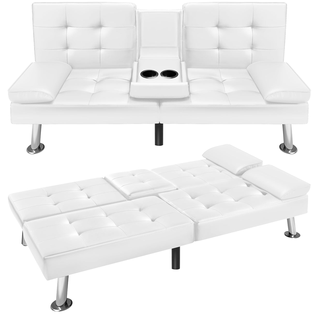 VICTONE Futon Sofa Bed Modern Faux Leather Couch Bed Convertible Folding Recliner for Living Room with 2 Cup Holders and Armrest (White) VICTONE