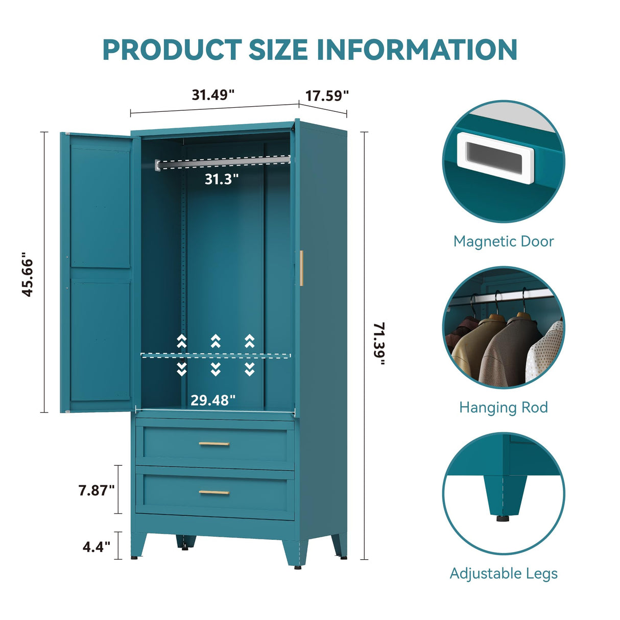 Baborokic Metal Wardrobe Cabinet with Hanging Rod, 71" Armoire Wardrobe Closet with 2 Drawers,Farmhouse Metal Clothing Storage Cabinets with Door and Adjustable Shelves for Bedroom,Laundry Room(Blue) Baborokic