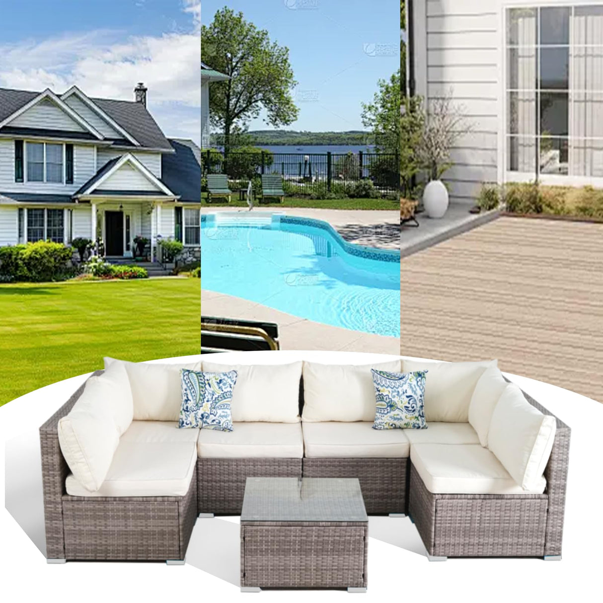 7 Pieces Outdoor Wicker Rattan Patio Furniture Sectional Set, Outdoor Furniture Sectional Sofa with Soft Cushion and Tempered Glass Table for Garden, Backyard, Balcony, Poolside, Grey and Beige BRRYIN