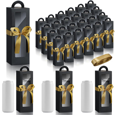 Ctosree 24 Pcs Tumbler Gift Box with Handle Gift Box for Sublimation Tumblers Heat Press Blanks Bottle clear Gift Box for Wine Bottle Cup Wrapping Packaging, 11 x 3.4 x 3.4 Inches (Black)