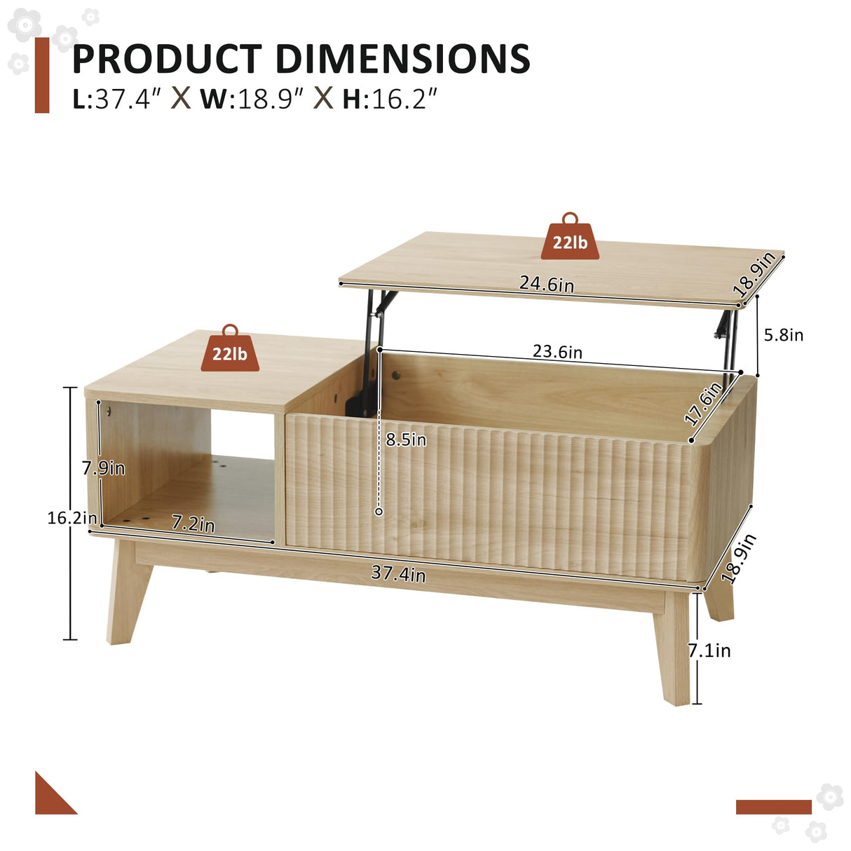 LYNCOHOME Fluted Lift Top Coffee Table with Hidden Compartment, Modern Center Table for Living Room, Home Office, Natural LYNCOHOME