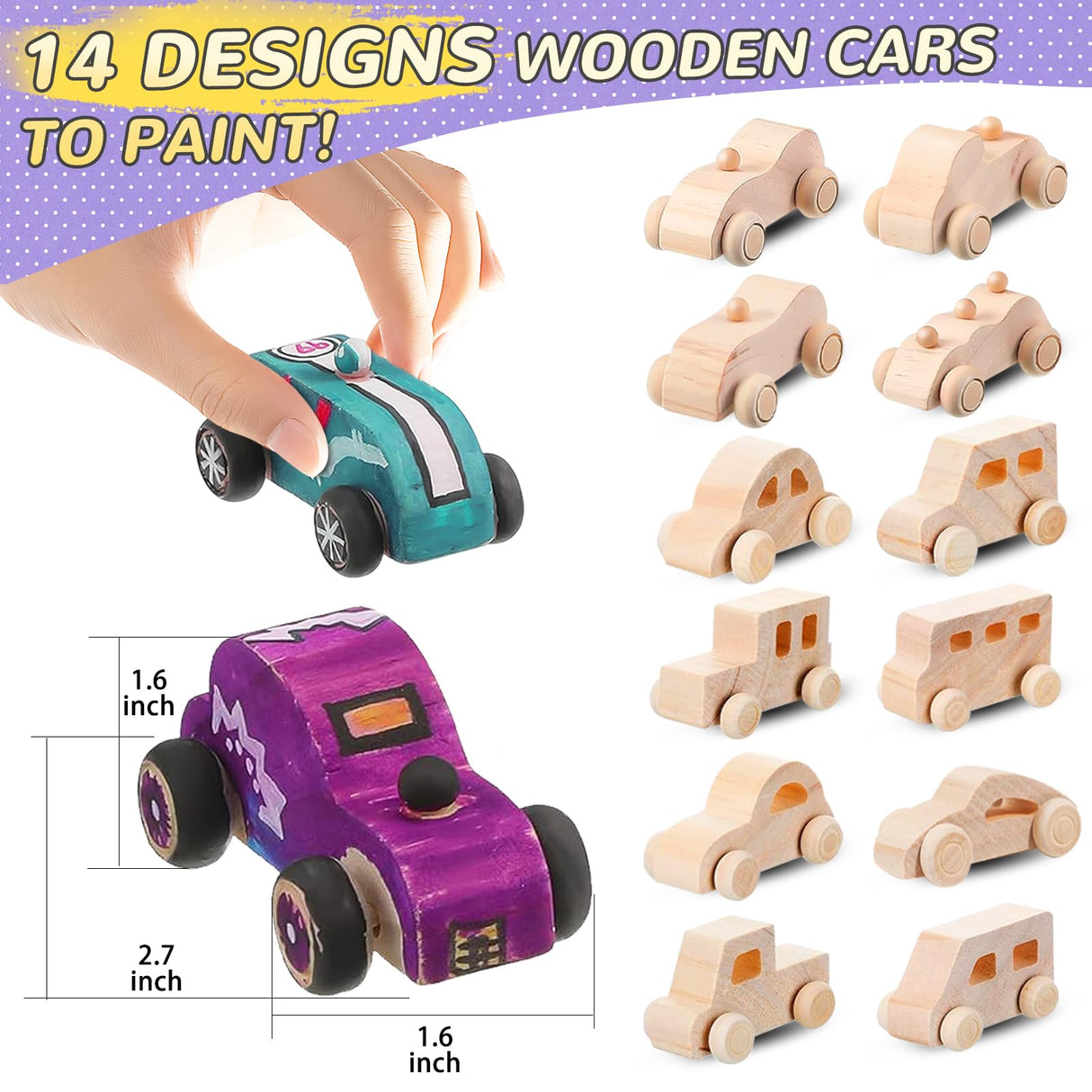 WOWOSS 14 Pcs Wooden Cars to Paint, Unfinished Craft Toys for Students, Race Car Party Favors, With 3 Sets of Paint & 5 Car Sticker Sheets WOWOSS