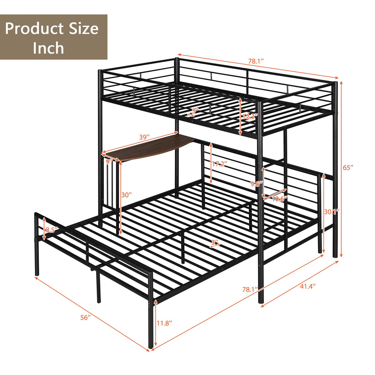 Heavy Duty Bunk Beds Twin Over Full Size, Twin Over Full Bunk Bed with Desk and Side Ladder, L Shaped Bunk Bed Can Be Divided Into One Full Size Bed Frame and One Twin Loft Bed with Desk, Black Bellemave