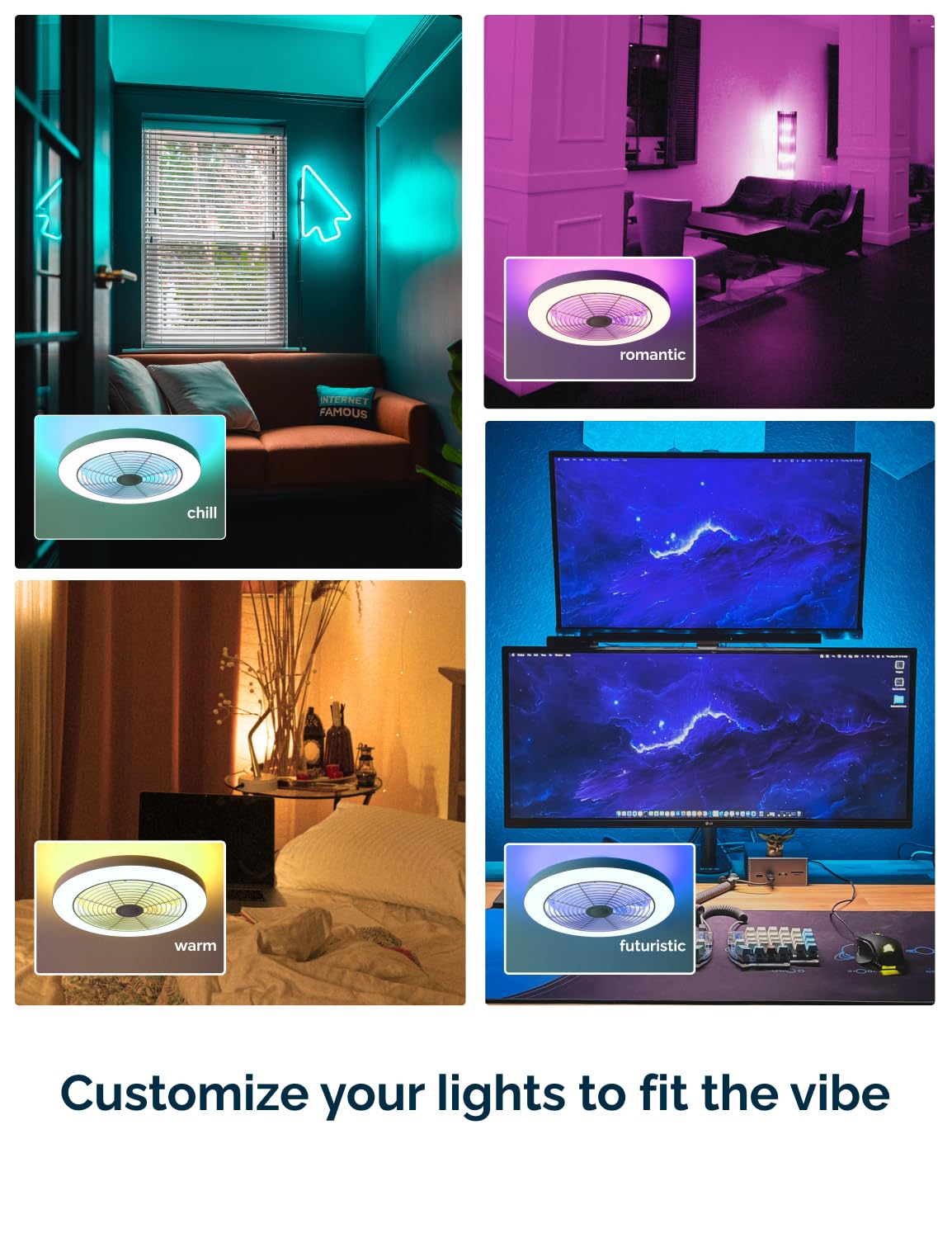 Orison Smart Bladeless Low Profile Ceiling Fan with LED-RGB Ambient Lighting Compatible with Alexa/Google Assistant/App Control, 6-Speed Color Change, Quiet Operation with Remote &App,19.7" (White) Orison