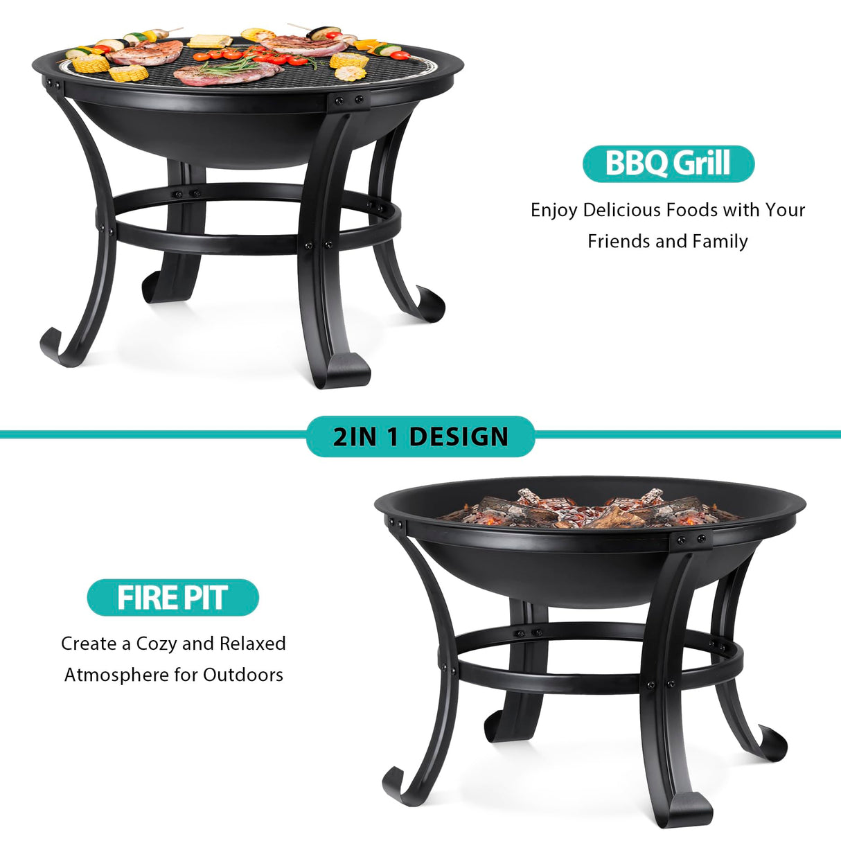 22 Inches Portable Fire Pit Outdoor Wood Burning Steel Lightweight BBQ Grill Firepit Bowl with Log Grate&Poker for Outside Patio Campfire Bonfire Backyard Nouva