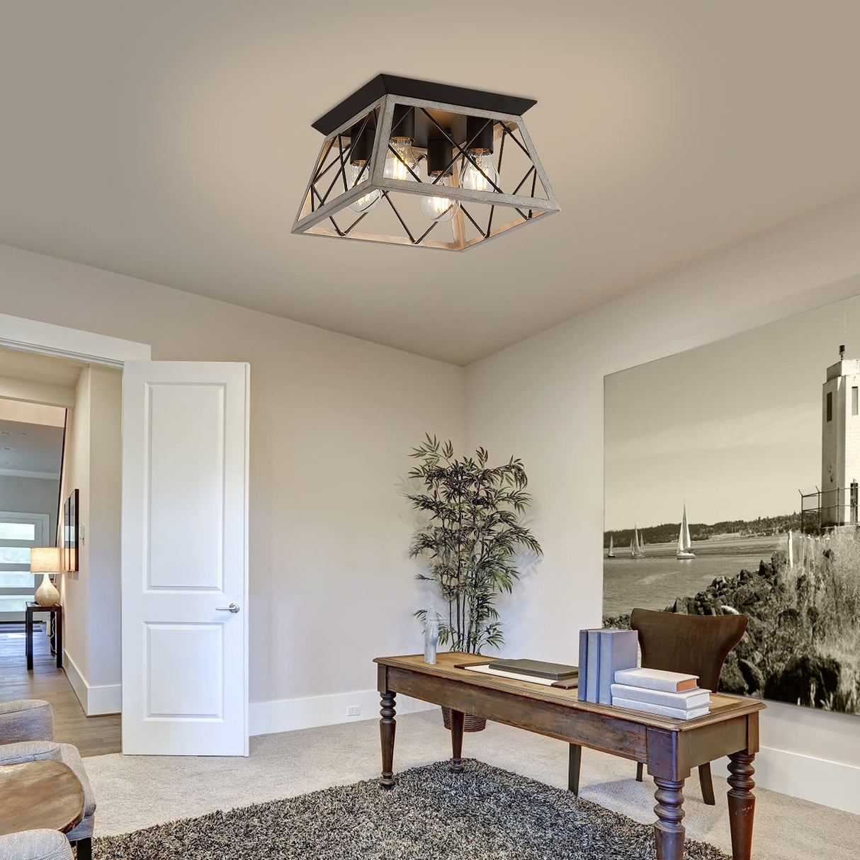 Q&S Farmhouse Ceiling Light Oak Semi Flush Mount Vintage 4-Light Square Rustic Island Light Fixtures for Entryway Hallway Dining Room Living Room Bedroom Q&S