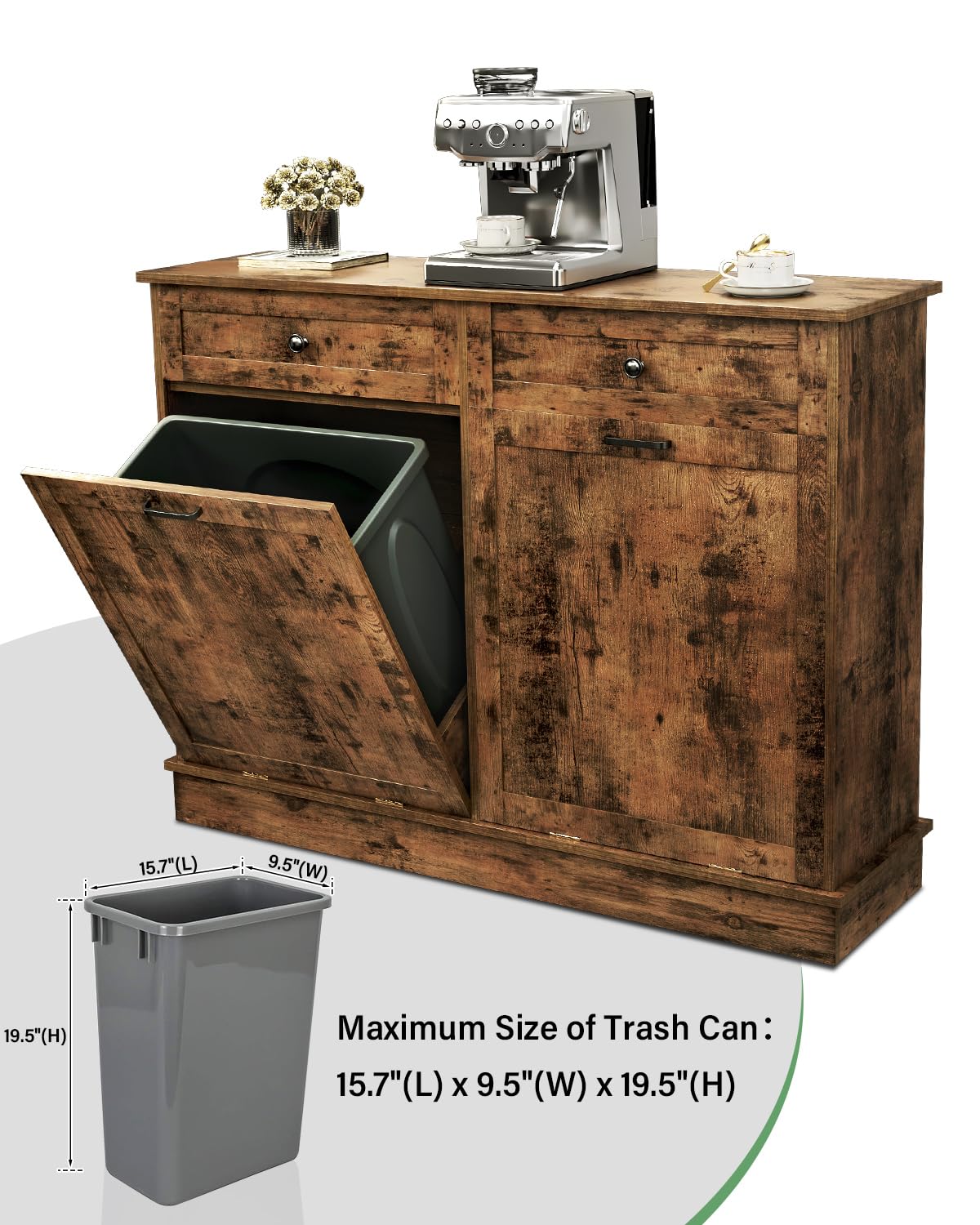 TC-HOMENY Tilt Out Trash Cabinet with Drawer, Free Standing Trash Can Cabinets, Manual and Auto Mode Shutdown Cabinet Door, Recycling Can Cabinet Home, Kitchen, Living Room TC-HOMENY