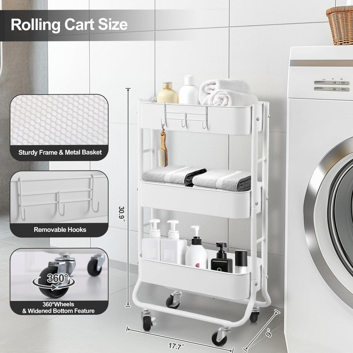 MAX Houser Slim 3-Tier Rolling Utility Cart, Narrow Metal Bathroom Storage Multifunctional Organizer Carts with Wheels with Extra Hook, Laundry Room,Kitchen,Small Space(White) MAX Houser