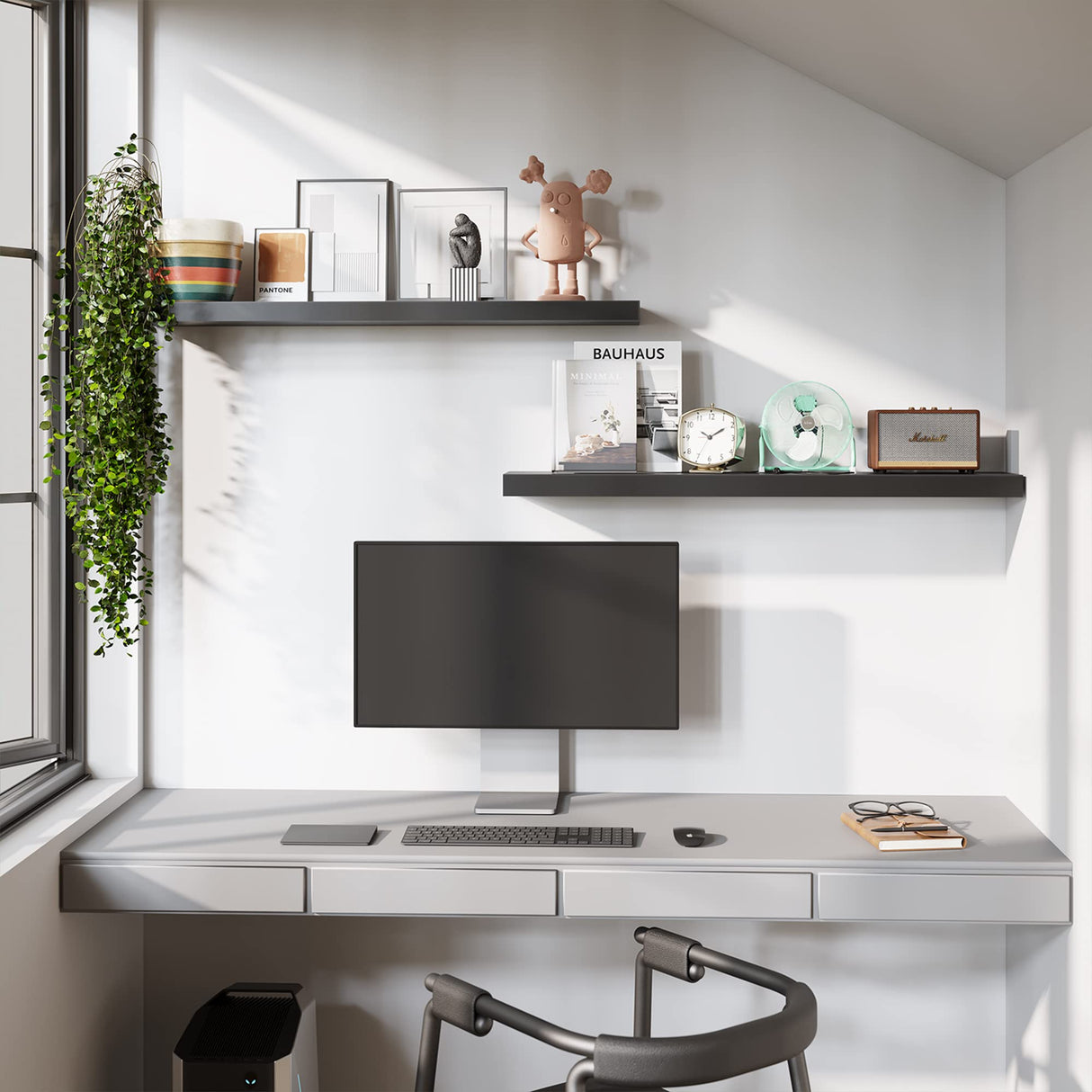 BAMEOS Floating Shelves, Black Wall Mounted Wooden Shelves with Invisible Brackets Set of 2,47 x 9 BAMEOS