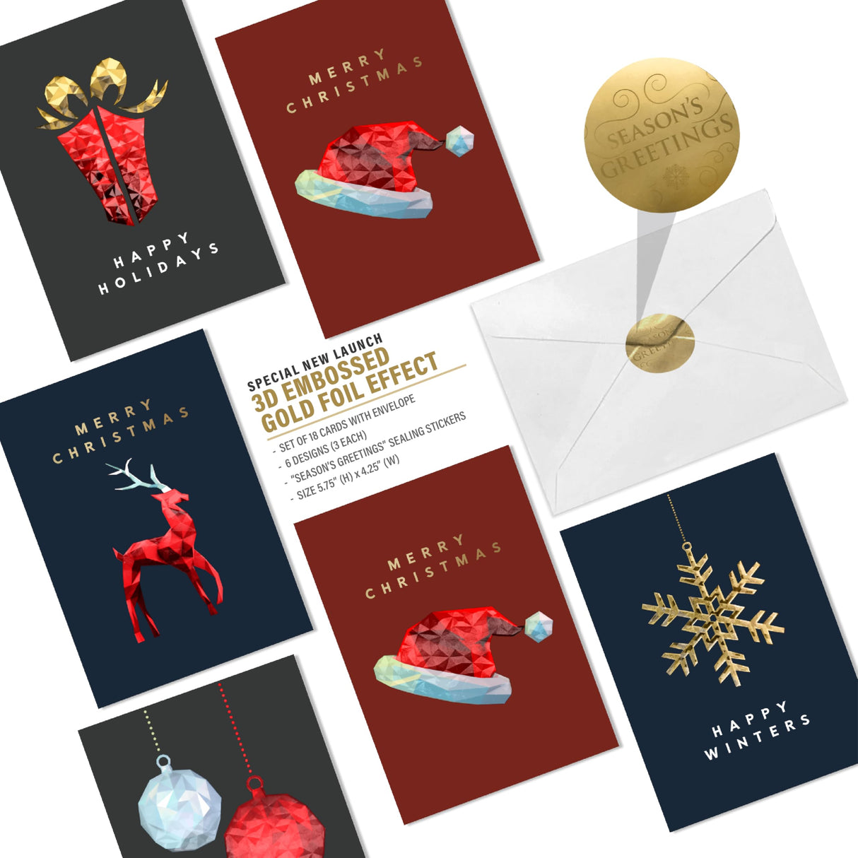 easykart labels 18 Christmas Greeting Card Assortment With Envelopes, Gold Foil With 3D Embossing Effect Design, 5.75 x 4.25 Inch easykart labels
