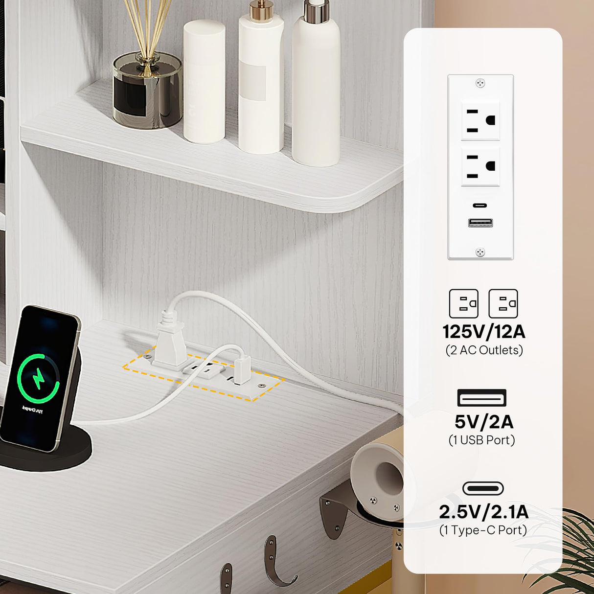 YITAHOME Vanity Desk with LED Lights Mirror & Power Outlets, Makeup Table Set with 3 Adjustable Lighting Modes, Open Shelves and Hidden Storage, Stool, Hooks and Hair Dryer Holder for Bedroom, White YITAHOME