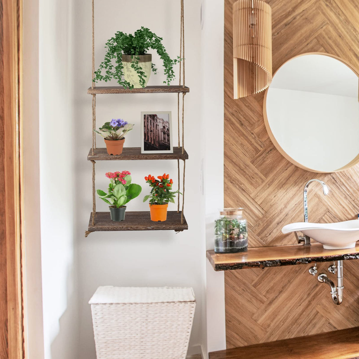 Nuanchu 2 Pieces Decorative Wall Hanging Shelves Window Shelf for Plants 3 Tier Distressed Rustic Home Decor Wood Rope Shelf Floating Indoor Wall Swing Hanging Plant Shelves for Living Room Bathroom Nuanchu