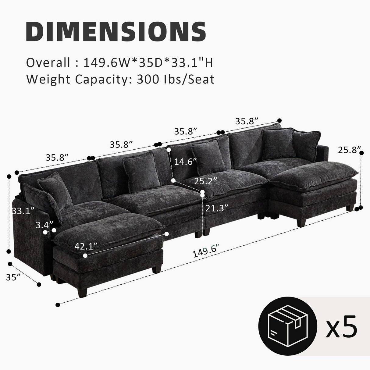 Oversized 149.6" Modular Sectional Sofa - 4 Seater Convertible Chenille Deep Seat Cloud Couch with Ottoman & Pillows for Small Space, Black SoarTalent