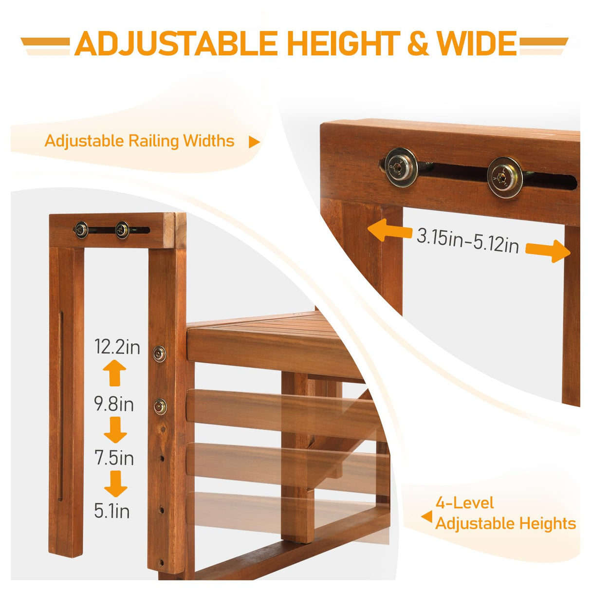 Outvita Balcony Table, Acacia Wood Folding Balcony Bar Table for Railings, 65LBS Load-Bearing Adjustable Height & Width Hanging Bar for Patio, Deck, Porch – Semicircular Outvita