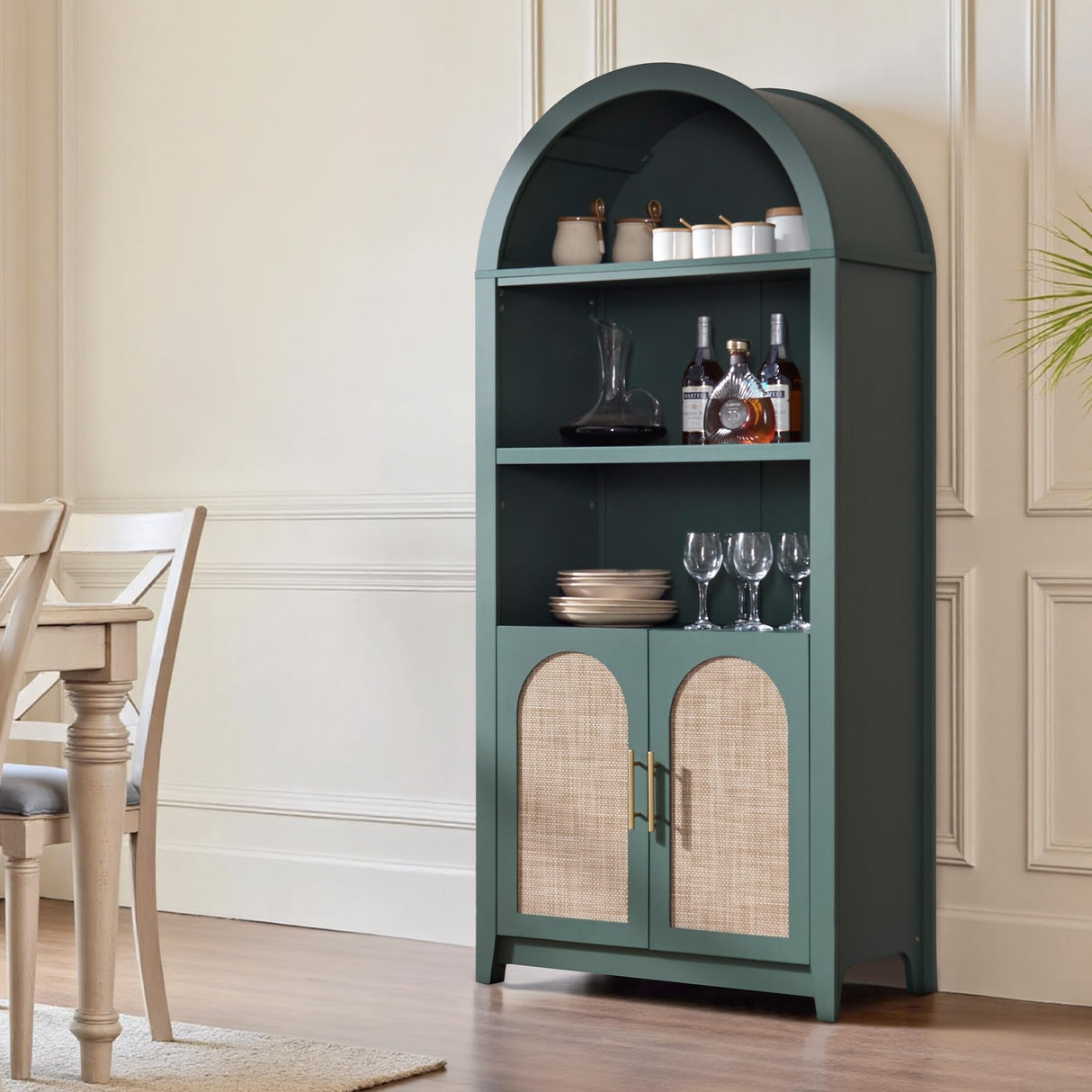 RowyPoey Rattan Arched Cabinet Bookshelf - 69.3” Tall Mid Century Display Cabinet, Rounded Bookcase with Rattan Doors, Open Shelf Storage for Dining Room (Green, 1 PC) RowyPoey
