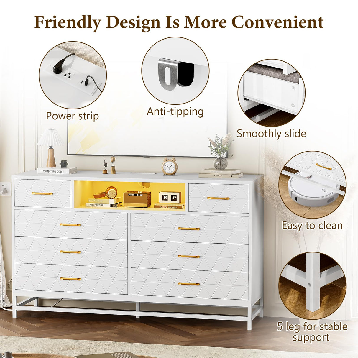 Patikuin White Dresser for Bedroom, 8 Drawer Dresser with Power Outlet, 55" Tv Stand Large Dresser Wooden with Led Light, Modern Dressers with Deep Drawers, Big Wide Chest of Drawers Storage Dresser Patikuin