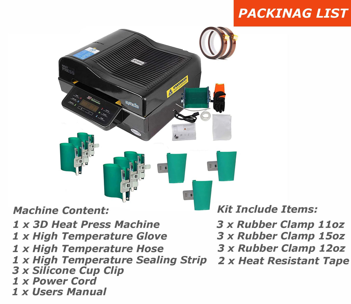 INTSUPERMAI 3D Vacuum Sublimation Heat Press Machine Muti-fuction Sublimation Machine Kit with 9 Pieces Rubber Clamp 2 Heat Resistant Tape for Mugs Transfering Printing 2800W INTSUPERMAI