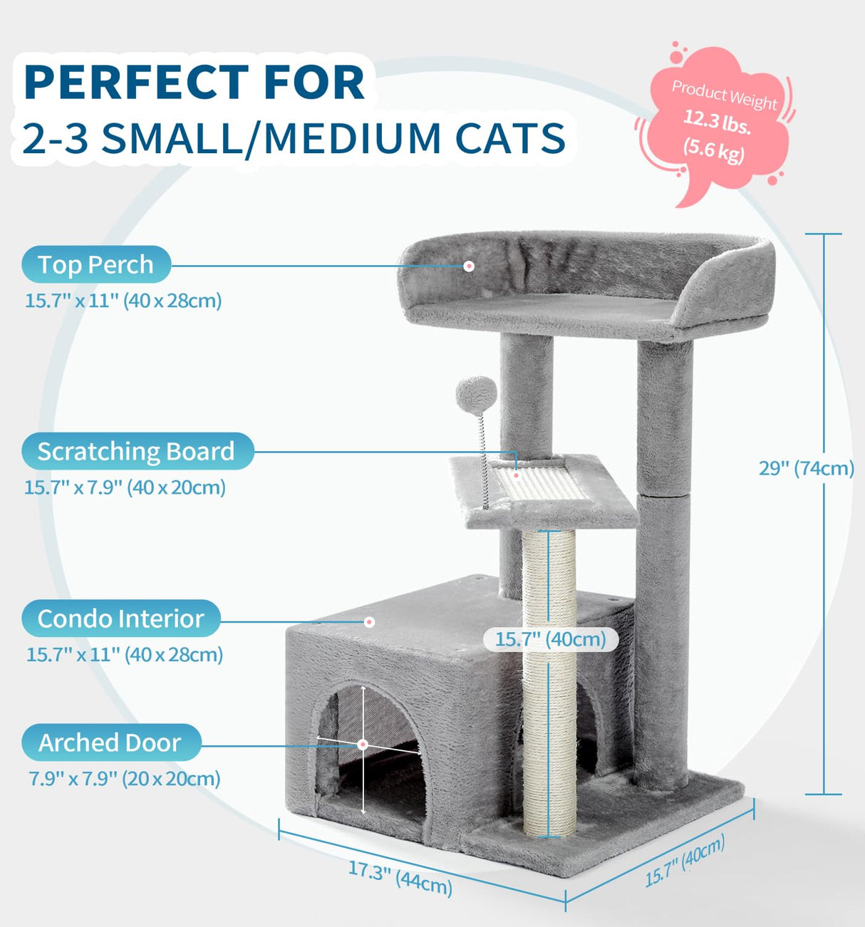 Made4Pets Cat Tree, Carpet Cat Tower Grey for Indoors Cats, Cute Wood Kitty Condo with Scratching Post and Pad, 29" Multi-Level Modern Activity Climbing Furniture for Small and Medium Cats MADE 4 PETS