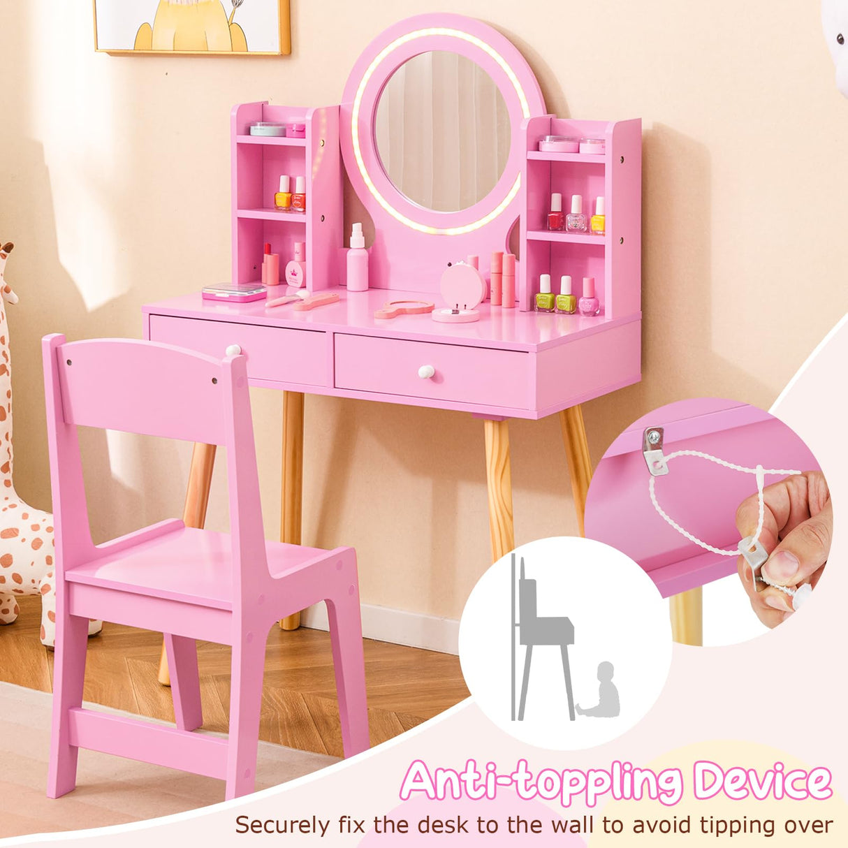 Costzon Kids Vanity, Girls Vanity Set with Mirror and Stool and Lights, Drawers, Storage Shelves, Wooden Toddler Makeup Vanity Desk Dressing Table, Pretend Play Kids Vanity Table and Chair Set (Pink) Costzon