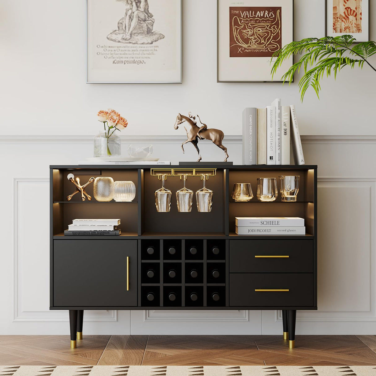 Bar Cabinet and Bar Table - LED Light Charging Station, Buffet Cabinet with Storage, Sideboard Cabinet, Coffee Bar - Ideal for Buffets & Sideboards, Wine and Liquor Cabinet 47 inch Black Svimi