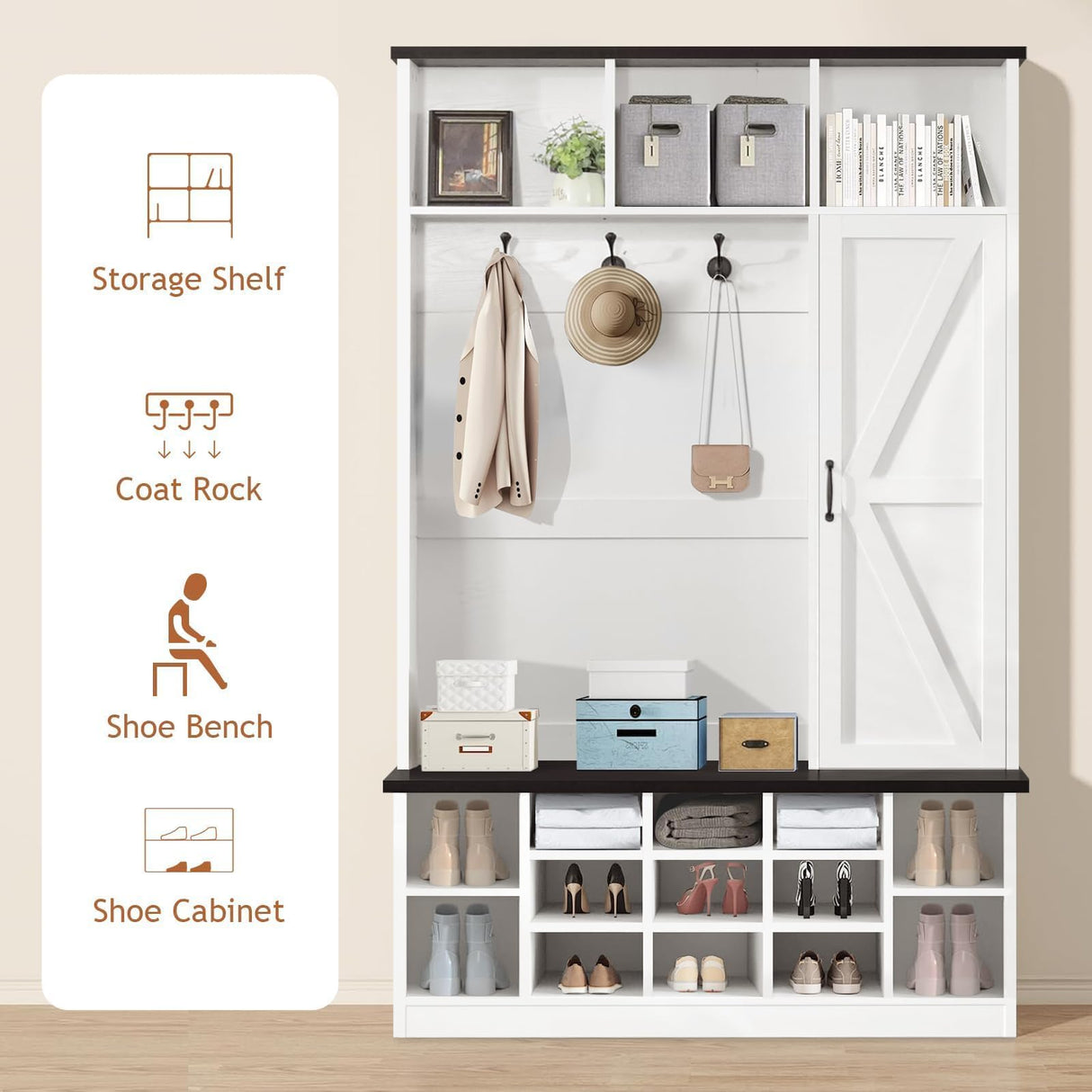 Farmhouse Mudroom Hall Tree with Shoe Storage, 79 Inch Hall Tree with Bench for Entryway, White Entryway Bench with Coat Rack and Barn Door, Adjustable Shoe Cubbies and 3-Tier Cabinet, white 4ever2buy