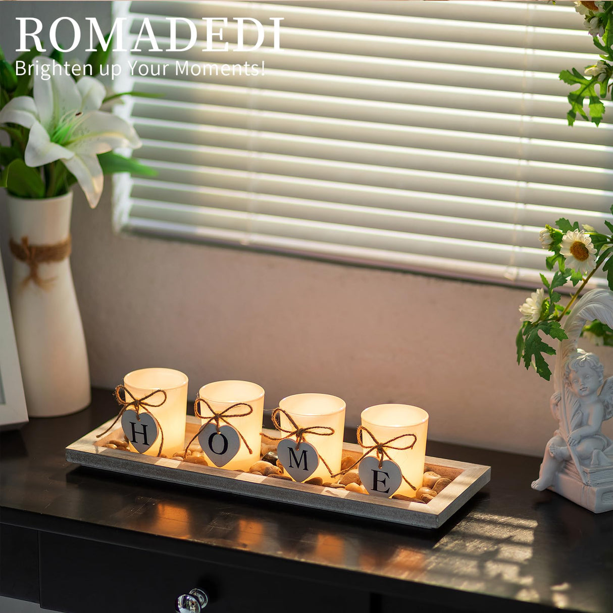 Romadedi Farmhouse Centerpiece Candle Holder Decor - Rustic Wooden Tray with 4 Glass Tealight Candles Holders for Coffee Table Home Decorations Living Room Fireplace Kitchen Housewarming Gifts Romadedi