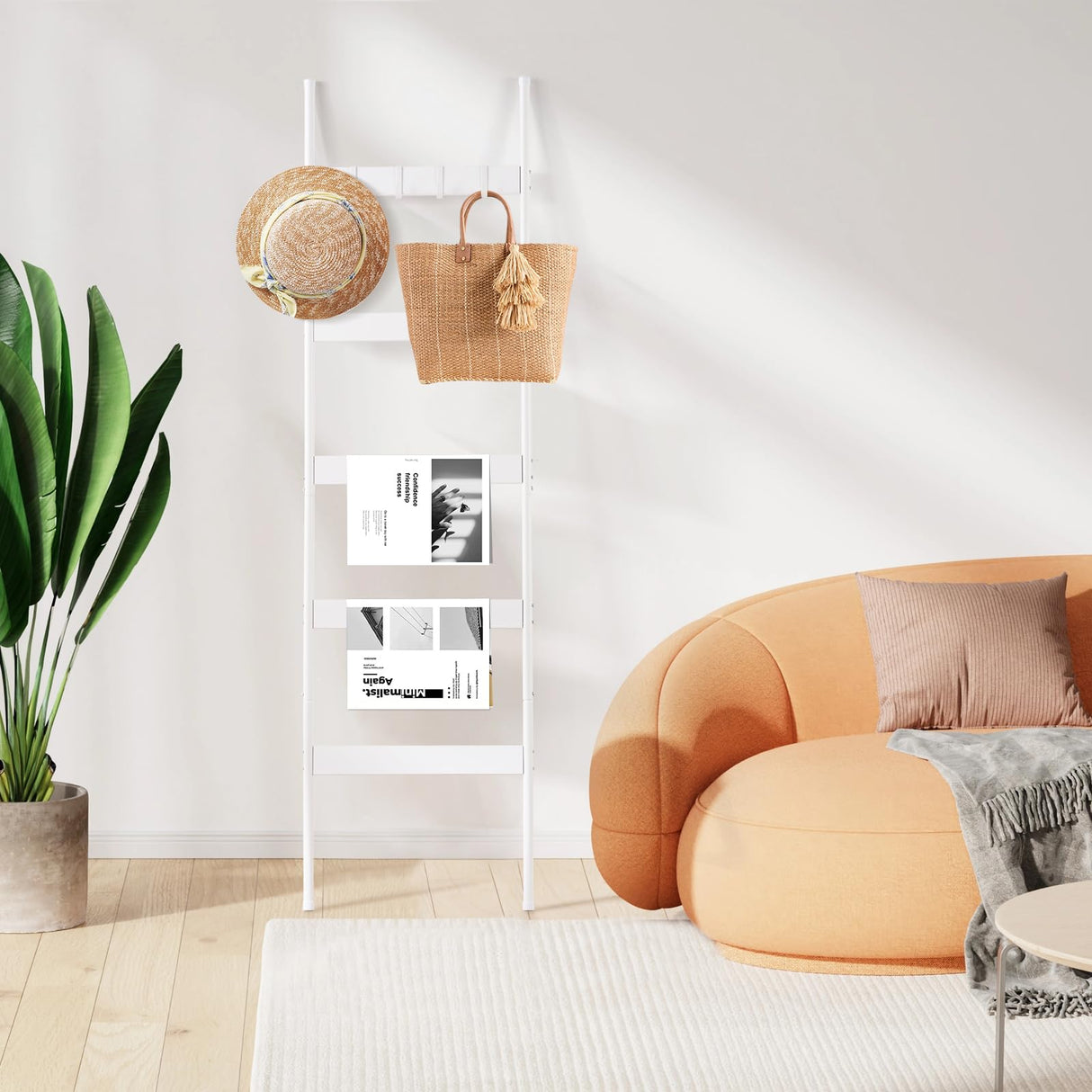 ELYKEN Blanket Ladder for Living Room, Farmhouse 5 -Tier Quilt Holder with 4 Removable Hooks for Bathroom, Wood Towel Rack Display, Wall Anchor Leaning Decorative Stand for Home Decor, White ELYKEN