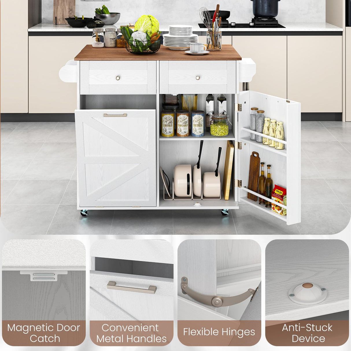 Giantex Kitchen Island Cart with Hidden Tilt Out Trash Can Cabinet, Drop Leaf, 2 Drawers, Towel Rack, Rolling Mobile Breakfast Bar Table, Wood Kitchen Storage Cart on Wheels (White & Natural) Giantex