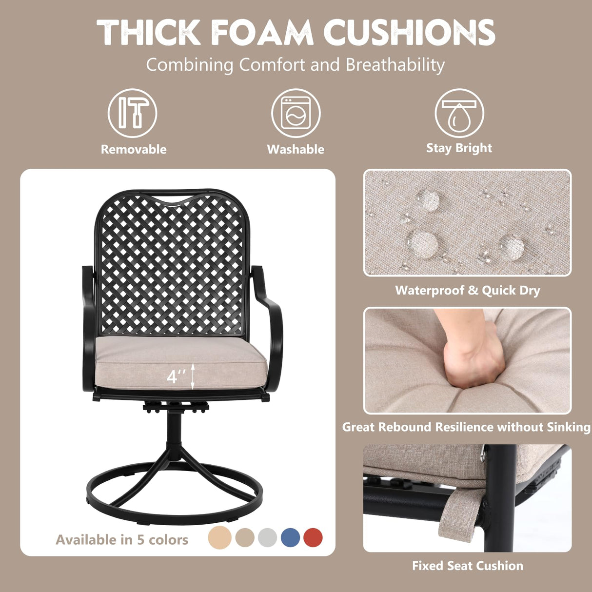 MELLCOM 5 Pcs Outdoor Dining Set, 4 Swivel Rocker Chairs with Thick Cushions & Square Dining Table with Umbrella Hole, Patio Furniture Set for Porch, Beige MELLCOM