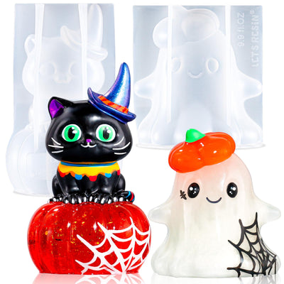 LET'S RESIN Halloween Resin Molds Silicone, Cute Ghost Silicone Molds & Cat Pumpkin Epoxy Resin Molds with Witch Hat,Perfect for Resin Casting,Halloween Party, Thanksgiving Autumn Decor, Gifts(2PCS)
