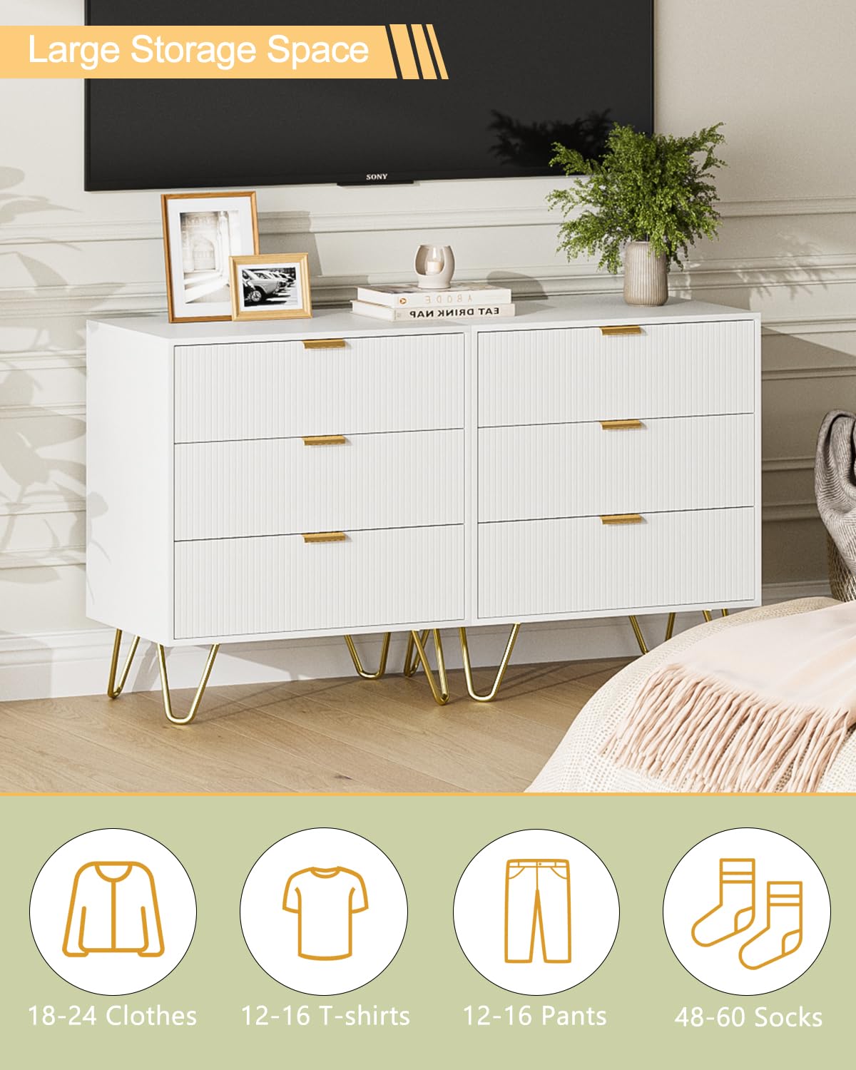 AEPOALUA Fluted 3 Drawer Dresser for Bedroom, Modern Storage Bedroom Dresser Chest Cabinet Organizer with Anti-Tip Hardware for Living Room, Dressing Room, Kids Room, Office (White) AEPOALUA