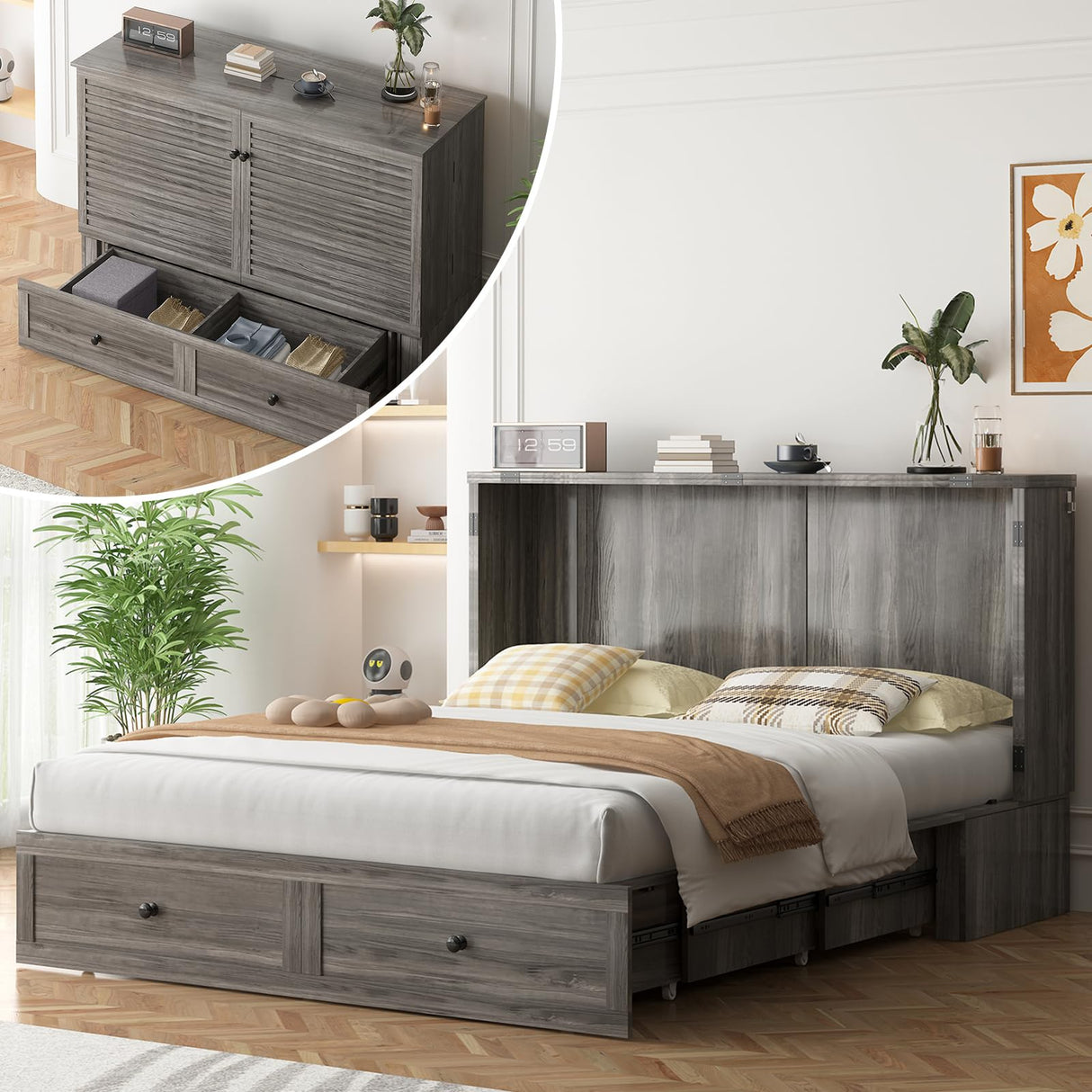 ADOWORE Queen Size Murphy Bed with Mattress Included, Cabinet Bed with Charging Station & Large Storage Drawer, Hideaway Full Foldable Platform Bed for Home Office or Guest Bedroom, Living Room,Grey ADOWORE